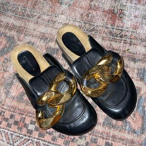 SOLD JW Anderson Black Leather Mules with Gold Chain Accent